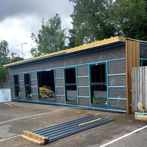 The pre-fabricated, modular building under construction