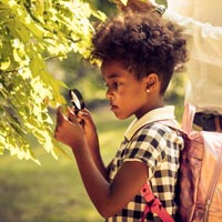 A girl takes a closer look at growing leaves.