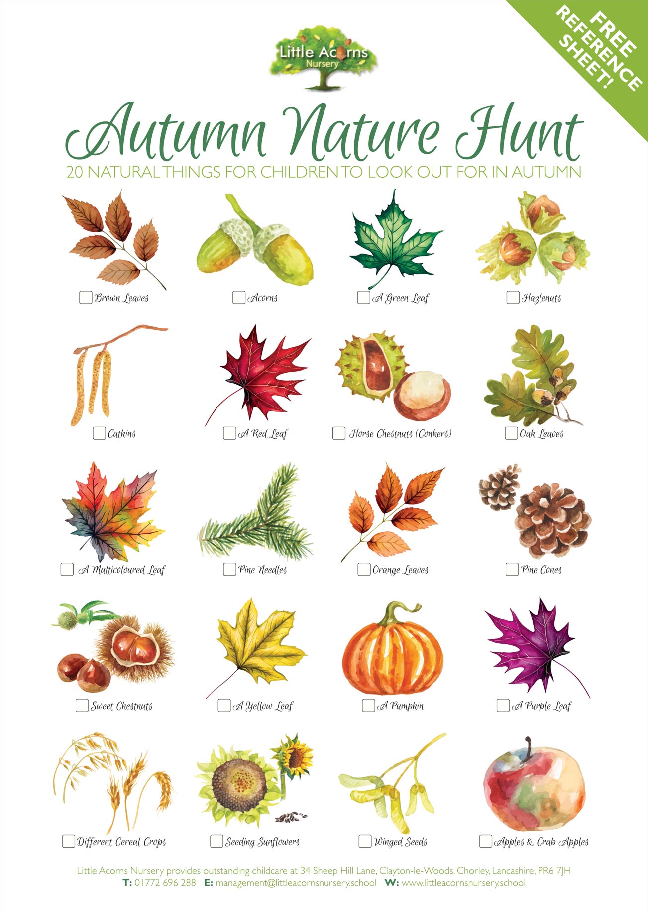Free autumn nature hunt reference sheet (preview - click to download in Acrobat PDF format).
