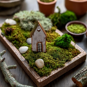 Wooden tray fairy garden with moss, simple rustic house and pebbles.