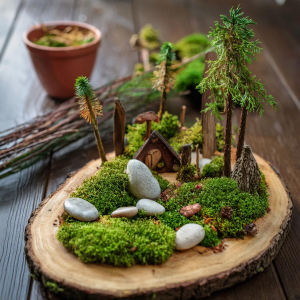 Fairy garden on a log slice with simple rustic house, moss, pebbles, sticks and pretend trees.