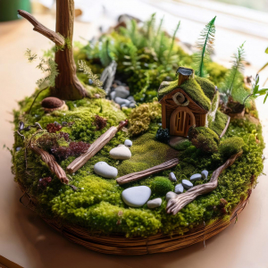 Advanced fairy garden design with mosses, toy house, imitation trees and a magical feel.