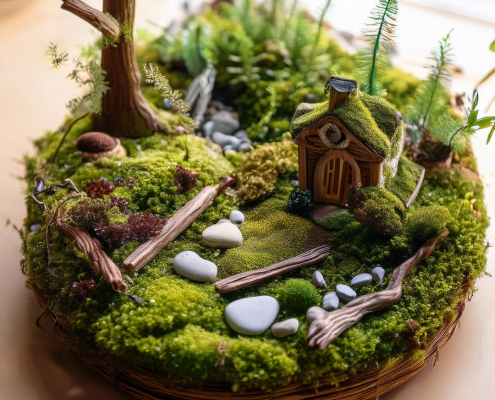 Advanced fairy garden design with mosses, toy house, imitation trees and a magical feel.