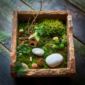 Simple fairy garden in wooden frame with moss for grass, toy house and pebbles.
