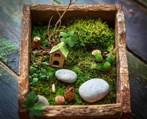 Simple fairy garden in wooden frame with moss for grass, toy house and pebbles.