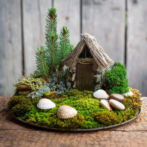 Child's simple fairy garden with rustic house, seashells, moss lawn and mini trees made of fir tree fronds.