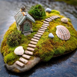 Fairy garden on a rock with pebble path, seashells and little house.