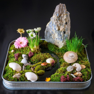 Fairy garden on a shallow tin box base with shells, feature rock, stream, and flowers.