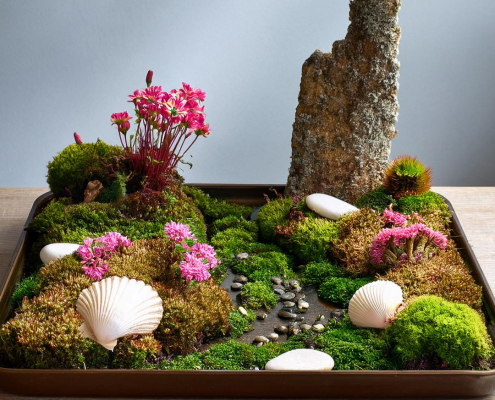Mini garden with moss, seashells, feature rock and pebble stream.