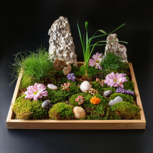 Fairy garden on a wooden tray with seashells, feature rocks, flower heads and plants.