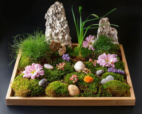 Fairy garden on a wooden tray with seashells, feature rocks, flower heads and plants.