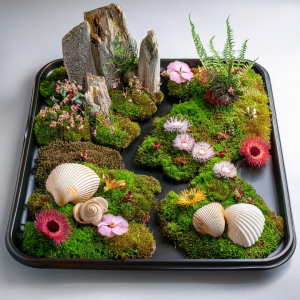 Fairy garden on a metal tray with seashells, feature rocks, fern and flower heads on mossy islands.