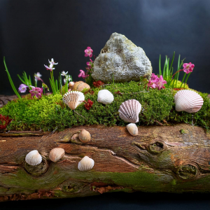 Mini fairy garden on a log with seashells, moss and growing flowers.