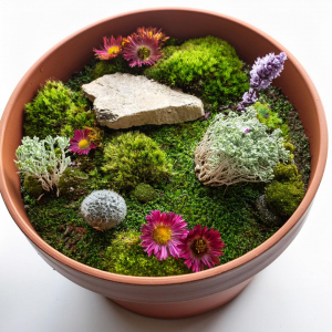Flower pot mini garden with mosses, flower heads and lichen.