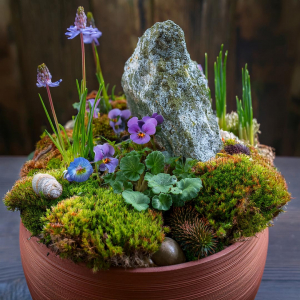 Another fairy garden in a flowerpot with growing pansies, feature rock, moss and stones.