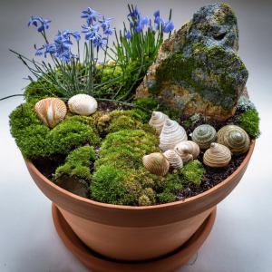 Child's fairy garden in a flowerpot with feature rock, seashells and growing plants.