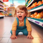 A toddler having a tantrum in a supermarket aisle.
